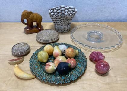 Mixed Lot Stone Fruit Alabaster Marble, Mosaic Tray, Glass Platter, Figurines, Coasters, Decor