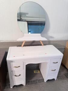 Vintage White Painted Wooden Vanity Dressing Table with Round Mirror, 4 Drawers 44" W x 18" D x 30" H,