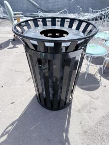 Black Steel Outdoor Trash Can, 36 Gallon, Slatted Body, Dome Lid, with Liner, Public Space Receptacle