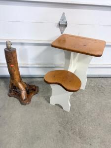 Rustic Handcrafted Tree Root Table Lamp & Compact Two-Tone Wooden Child&rsquo;s School Desk