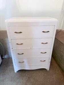 White 4-Drawer Wooden Chest, Art Deco/Mid-Century Style, Brass Handles, 32"x17"x42" Approx
