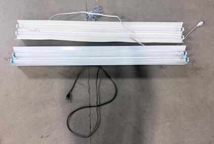 Two Fluorescent Shop Light Fixtures, 2-Bulb, Plug-In, With Hanging Chains