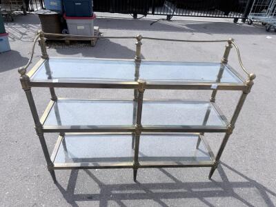 Brass and Glass Etagere Bookcase &ndash; 3 Shelf Hollywood Regency Display, 48"x14"x36", Open Sides