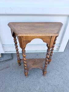 Vintage Oak Barley Twist Corner Table with Lower Shelf, 28" Tall, Plant Stand, Medium Brown