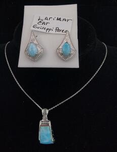 (1) Fancy Cut Larimar 925 Pendant Necklace (1) Pair of 925 Oval Larimar Earrings