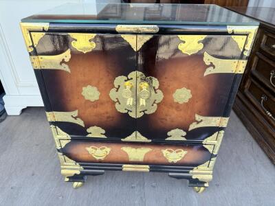 Korean Vintage Morijang Chest, Brass Hardware, Glass Top, 4 Drawers, Casters, Butterfly Motifs 35" W x 18" D x 33" H (89 x 46 x 84 cm)