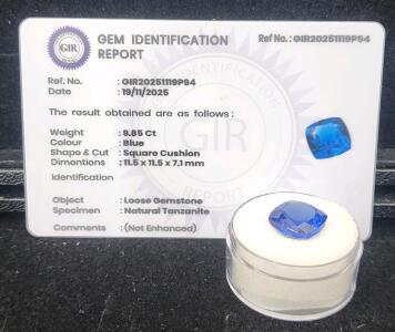 (1) 9.85 Ct. Natural Blue Tanzanite Faceted Cushion Cut Gemstone W/ Identification Report