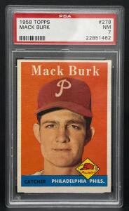 1958 Topps #278 Mack Burk PSA 7 NM, Philadelphia Phillies Catcher, Serial #22851462