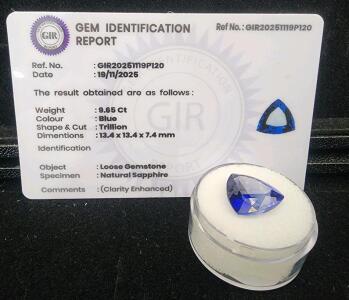 (1) 8.65 Ct Natural Blue Sapphire Faceted Trillion Cut Gemstone W/ Identification Report