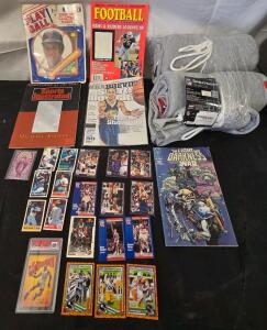 Sports Cards and Collectibles: Michael Jordon Sports Illustrated Magazine, Michael Jordan player card, (6)Baseball cards, (6)Baseball stickers, (6)Football cards, (9)Basketball cards, Comic book, (2)Patriots threw covers. Please see photos for more detail