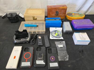 Tech Lot: Apple Thunderbolt to Firewire Adapter, (2) IPhone 12 cases, Samsung Note 20 case, Night light, Magic Money Clip, cords, Remote, 350w Radio shack inverter, USB Dremel Tested, and more! Please inspect in person, see photos for more details.