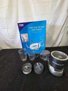 NutriBullet kit (powers on), Carex Toilet Seat elevator with handles. See photos for more details and please inspect in person.