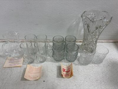 Princess House 9-Piece Glass Set &ndash; Pitcher, 4 Mugs, 4 glasses. Unbranded vase and 2 glasses.