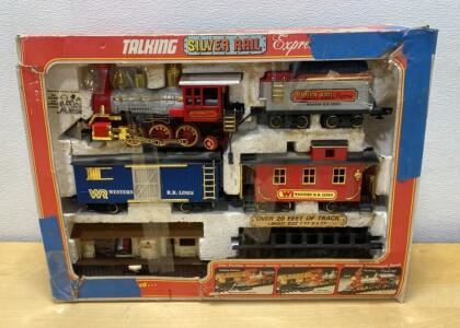 Talking Silver Rail Express Battery Train Set, 4 Cars, 20+ Ft Track, Western R.R. Lines, Boxed - Powers On