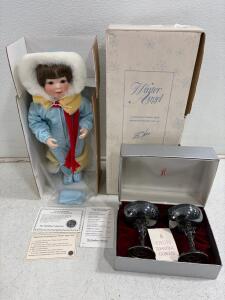 Hamilton Winter Angel Zolan Porcelain Doll w/Box & COA + KP Faun Pewter Toasting Goblets Set
