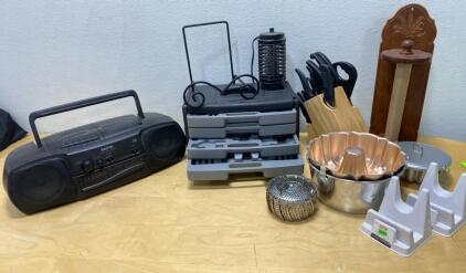 SANYO CD Radio Cassette Recorder Boombox, AM/FM, Dual Cassette, Black, 2W+2W Output- Powers on - Empty Tool Box - Assorted Kitchen Items