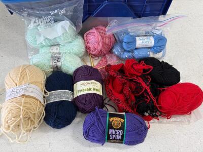 Assorted Yarn Lot, Mixed Brands/Contents&mdash;Wool, Cotton, Acrylic, DK & Worsted, 15+ Skeins, Needles