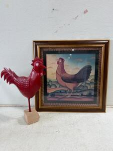 Diane Ulmer Pedersen 1998 Framed Chicken Art Print & Red Metal Rooster Sculpture Set