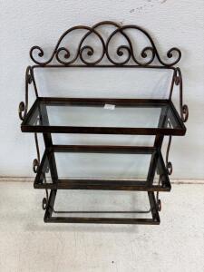 3-Tier Scrollwork Metal & Glass Wall Shelf, Ornate Vintage Style, 20"x28", Wall Mount