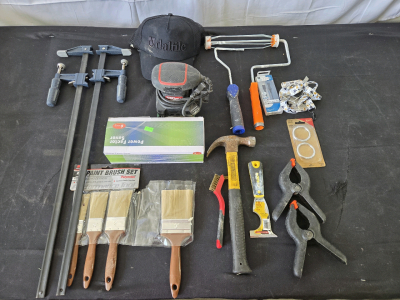 Electric Hyper Tough Sander, paint brushes, paint rollers, hat, extension cord (has electrical tape in one spot), Allway 5 in 1 tool. Please inspect in person and see photos for more details.