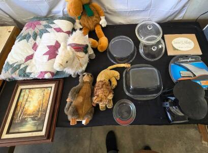 8'x10' Painting signed Sherry Masters., Quilt, Mr. Coffee 3 cup coffee maker (powers on), Jam free stapler, Pyrex Glass baking dishes, Apple baker for 2 apples. Stuffed animals. See photos, Please inspect in person.