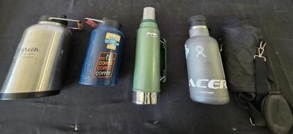 Hybrid water bottles <br/>(1)Large silver Rtic bottle<br/>(1)Grey Hybrid flask with sleeve<br/>(1)Medium Blue Flask<br/>(1)Stanley thermos green with cup