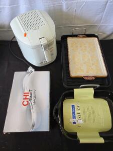 Corningware creations baking pan 9"x13", Deep Fryer (T-FAL), Roast pan, Ceramic serving tray, CHI Smart Magnify 1 1/4" ceramic rollers on a platform. See photos please inspect in person.