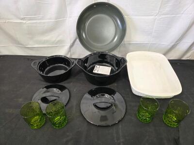 Mark Charles Mirilli pan, Corningware creations stoneware 1.5qt, Corningware creations stoneware 2.5, Cornware frenchwhite stoneware 9in X 13in, (4) small green glasses. Please inspect in person, see photos.