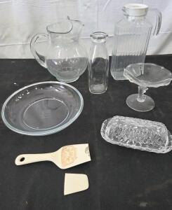 Kitchenware lot: Crystal Butter Tray with lid, Glass Bowl, Martini Glass, Pitcher, Milk jug. Please inspect in person, see photos.