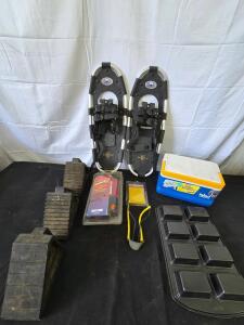 (3) Wheel Chocks, Wilton brownie pan, Pack of weed eater replacement blades, slingshot, Igloo legend Six Packer, GV Snow shoes. Inspect in Person and See Photos