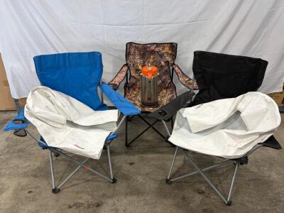 Camping lot: (3) chairs, Techni Brew coffee maker, (2) white possible rv wheel covers from eevelle. Please inspect in person and see photos..