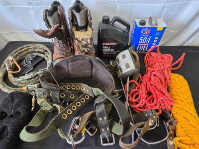 Tree trimming equipment, Cabela's work boots size 12, assorted ropes, climbing belt, bar & chain oil, VP racing 50:1 small engine fuel premixed with VP full-synthetic oil. Please see photos and Inspect in person.
