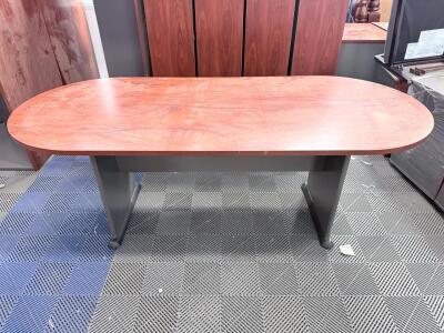 8' Racetrack Conference Table &ndash; Cherry Laminate Top, Gray Metal Base, Seats 8-10