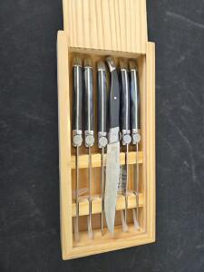 WOLFGANG PUCK KNIVES set of 6 comes with box. Please inspect in person. See photos.