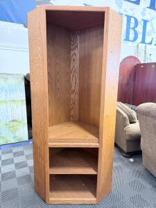 Corner Oak Bookcase Cabinet, 72"x30"x18", 3 Fixed Shelves, Light Wood Finish, Corner Placement
