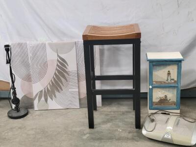Assorted Home Decor including (1) Blacan & Dark Wood Stool, (3) Canvas Prints, (1) Foot Massager, & More!