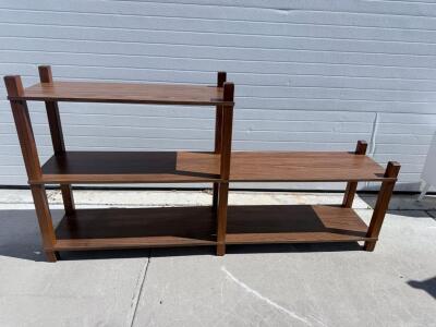Modern 2-Tier Split-Level Wooden Shelving Unit, 72"x15"x39", Dark Woodgrain Finish, 5 Shelves