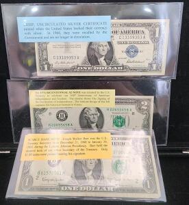 (1) Series 1963B Scarce Barr One Dollar Note (1) Series 1976 Bicentennial Two Dollar Bill Note (1) Series 1957 One Dollar Silver Certificate