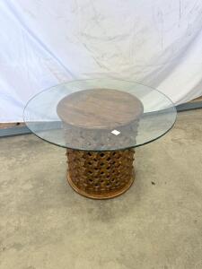Round Glass Top Accent Table, Lattice Drum Wood Base, 32" Diameter, Rustic Handcrafted Design