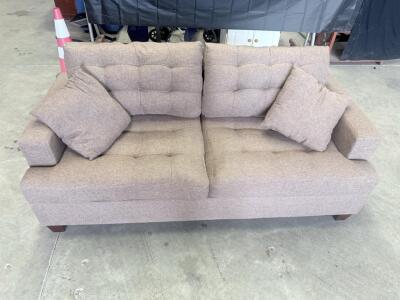 Modern Light Brown Tufted Loveseat Sofa, 2-Seater, 2 Cushions & Throw Pillows, Wood Legs