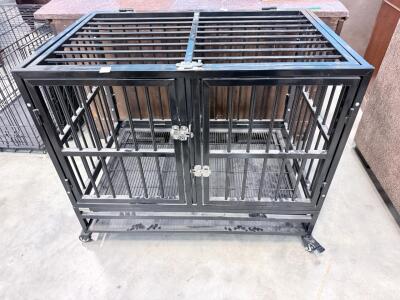 Heavy-Duty Metal Dog Crate with Double Doors & Locking Casters, Large, Removable Tray, Black Steel