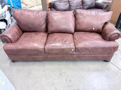 Brown Leather 3-Seat Sofa with Removable Cushions, Bun Feet, Approx. 86" Length