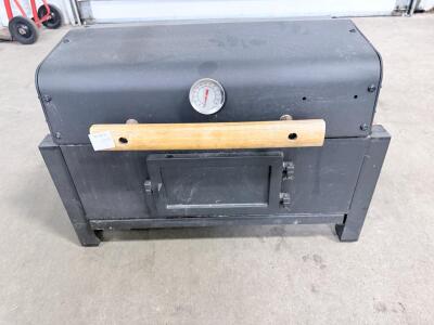 Portable Charcoal Grill, Cast Iron Grates, Built-in Thermometer, Hinged Lid, Wood Handles