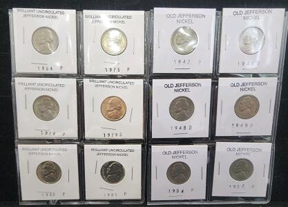 (6) 1964-1981 Minted Brilliant Uncirculated Jefferson Nickel Coins (6) 1942-1957 Minted Old Jefferson Nickel Coins