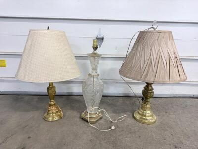 Lot of 3 Vintage Table Lamps &ndash; 2 Brass with Fabric Shades, 1 Cut Glass Crystal Base