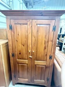 Solid Pine Wooden Armoire Cabinet, Dual Panel Doors, Exposed Hinges, Decorative Crown Molding