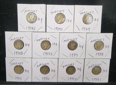 (11) 1928-1936 Minted Mercury Dime Coins