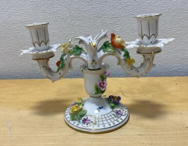 Dresden Germany Porcelain Two-Arm Candelabra, Floral Hand-Painted, Marked "L"
