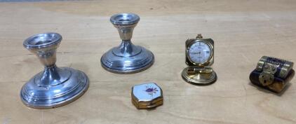 Sterling Silver Weighted Candlestick Holders Pair, Classic 2.75" Tall, Marked "STERLING" and Vintage Bonhaur Watch