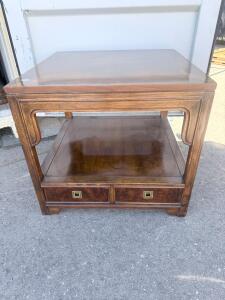 Heritage Asian-Inspired Burl Walnut End Table, 2 Drawers, Brass Pulls, 24"x24"